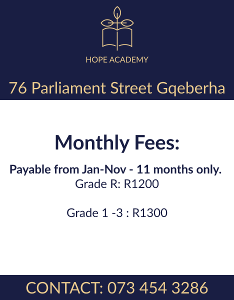 Monthly Fees: Payable from Jan-Nov - 11 months only.Grade R: R1200, Grade 1 -3 : R1300